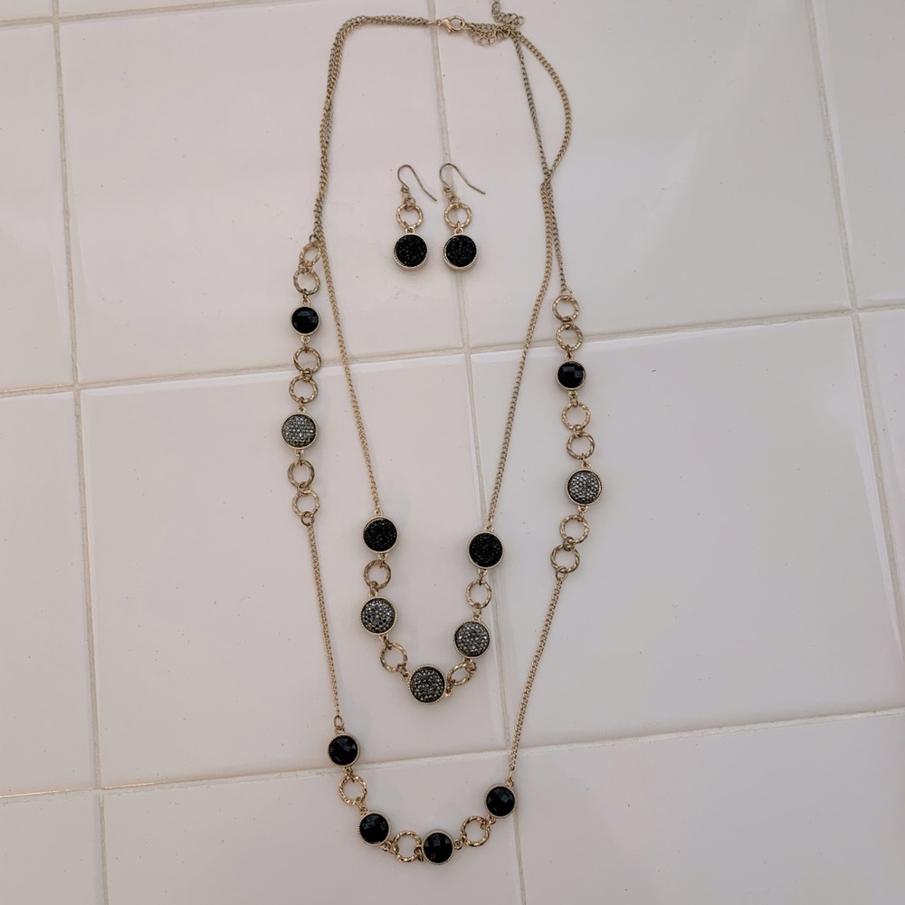 Charming Charlie Gold and Black Statement Necklace Earrings Set